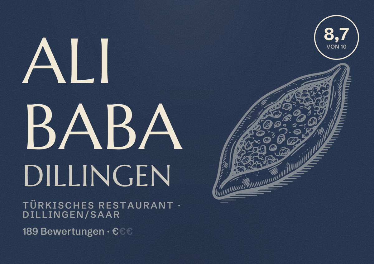 Illustriertes Poster von Ali Baba Dillingen, Türkisches Restaurant in Dillingen/Saar: Bewertung 8,7 von 10 aus 189 Bewertungen, Preisniveau €
