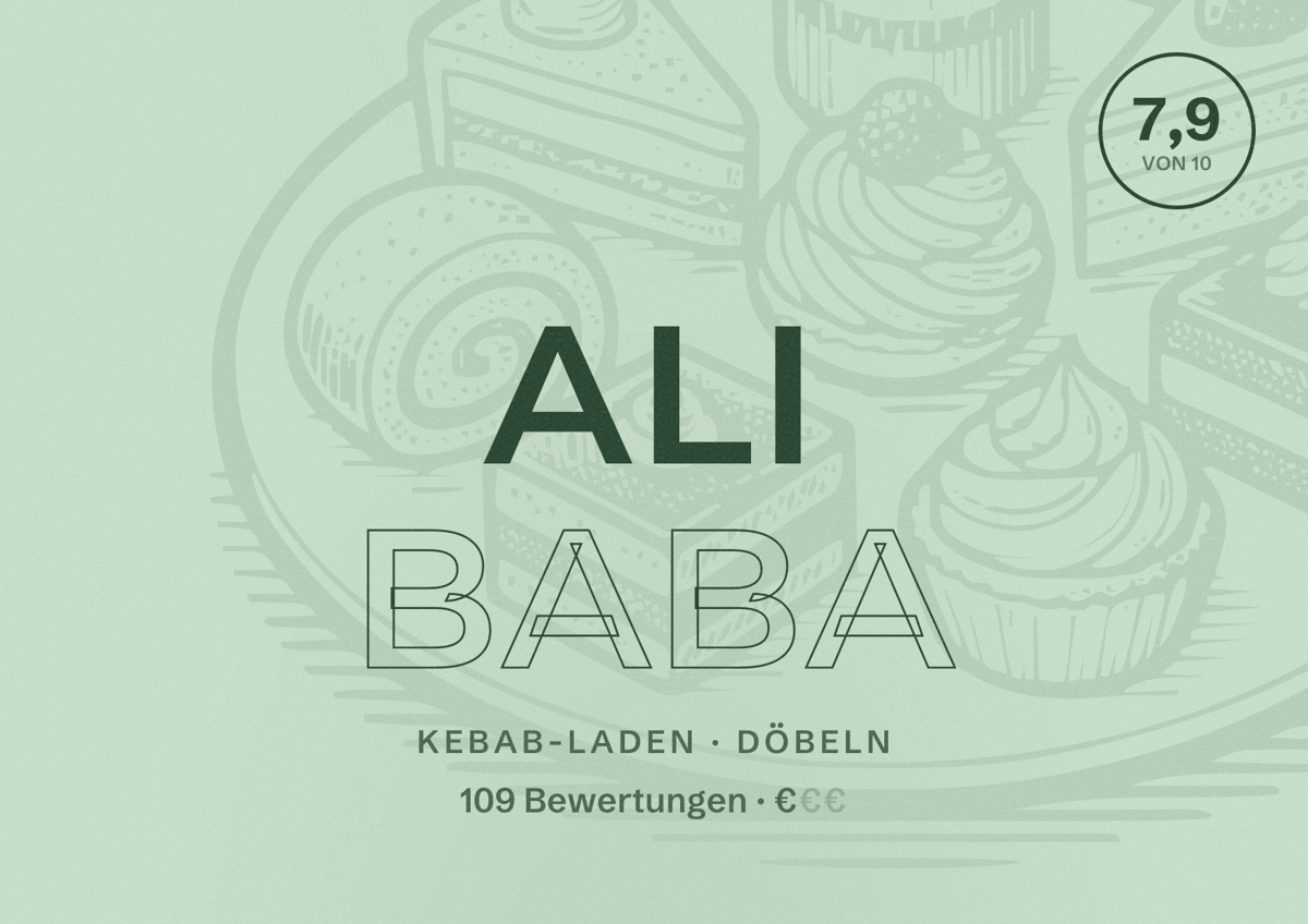 Illustriertes Poster von Ali Baba, Kebab-Laden in Döbeln: Bewertung 7,9 von 10 aus 109 Bewertungen, Preisniveau €