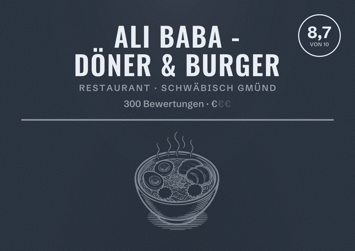 Illustriertes Poster von Ali Baba - Döner & Burger, Restaurant in Schwäbisch Gmünd: Bewertung 8,7 von 10 aus 300 Bewertungen, Preisniveau €