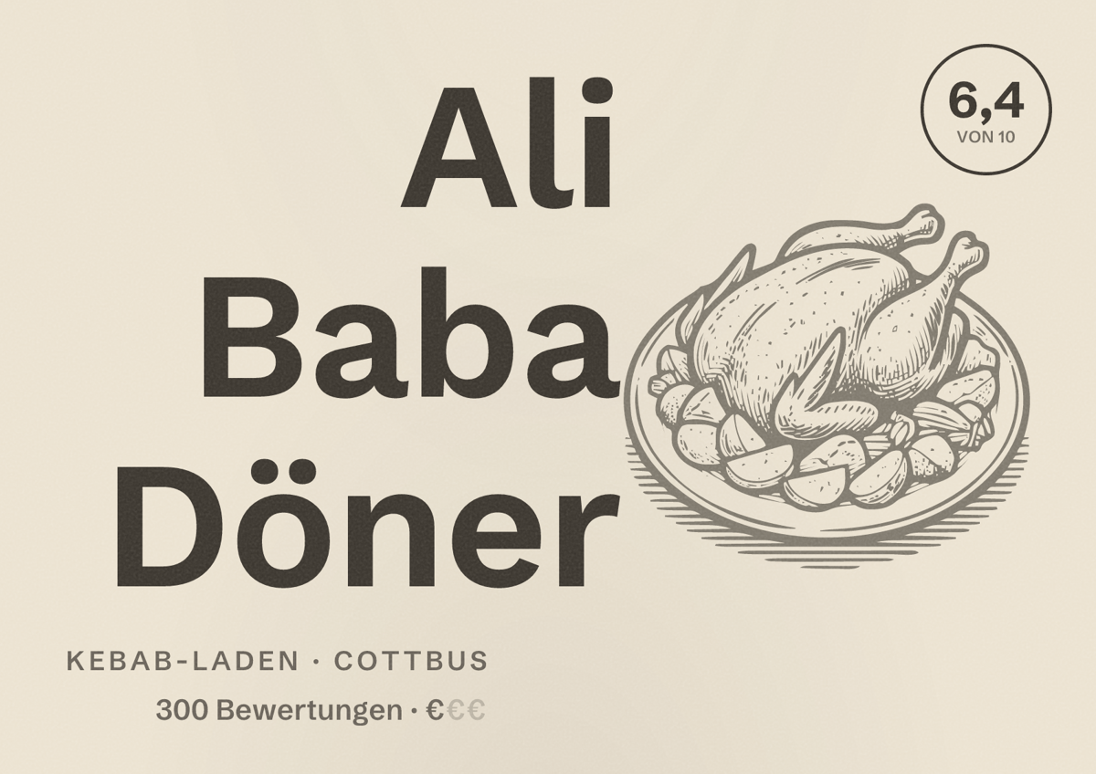Illustriertes Poster von Ali Baba Döner, Kebab-Laden in Cottbus: Bewertung 6,4 von 10 aus 300 Bewertungen, Preisniveau €