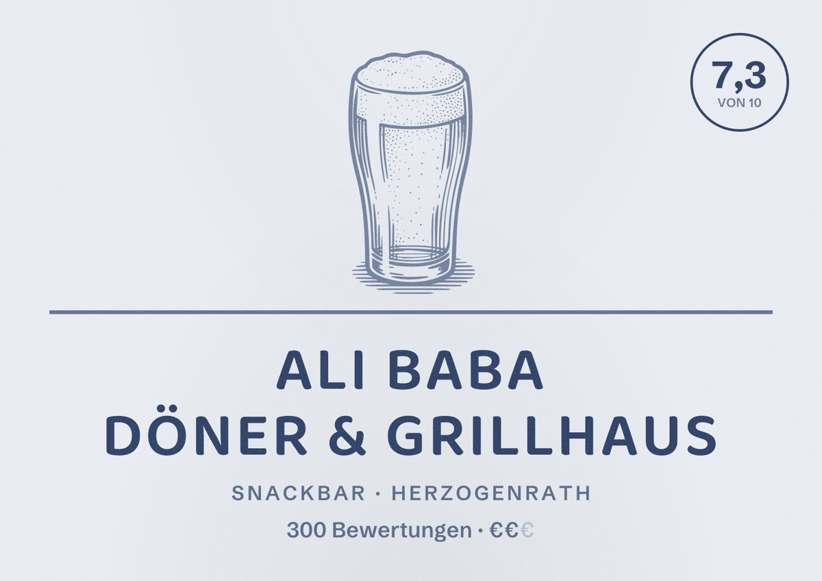 Illustriertes Poster von Ali Baba Döner & Grillhaus, Snackbar in Herzogenrath: Bewertung 7,3 von 10 aus 300 Bewertungen, Preisniveau €€