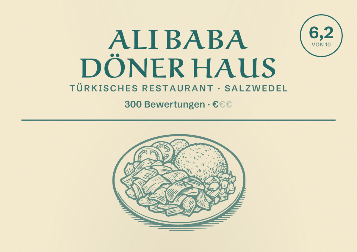 Illustriertes Poster von Ali Baba Döner Haus, Türkisches Restaurant in Salzwedel: Bewertung 6,2 von 10 aus 300 Bewertungen, Preisniveau €