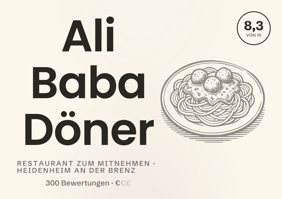 Illustriertes Poster von Ali Baba Döner, Restaurant zum Mitnehmen in Heidenheim an der Brenz: Bewertung 8,3 von 10 aus 300 Bewertungen, Preisniveau €