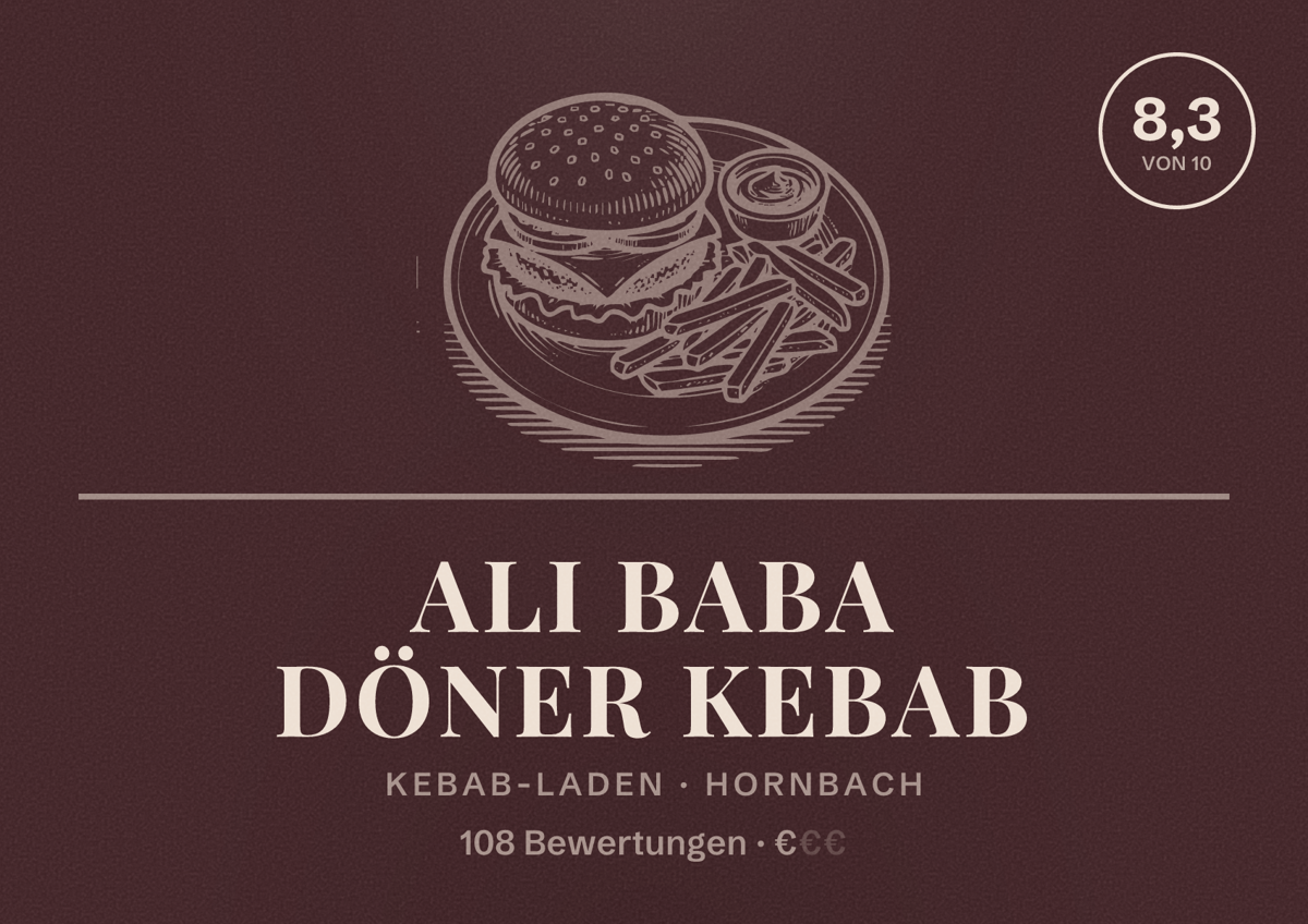 Illustriertes Poster von Ali Baba döner kebab, Kebab-Laden in Hornbach: Bewertung 8,3 von 10 aus 108 Bewertungen, Preisniveau €