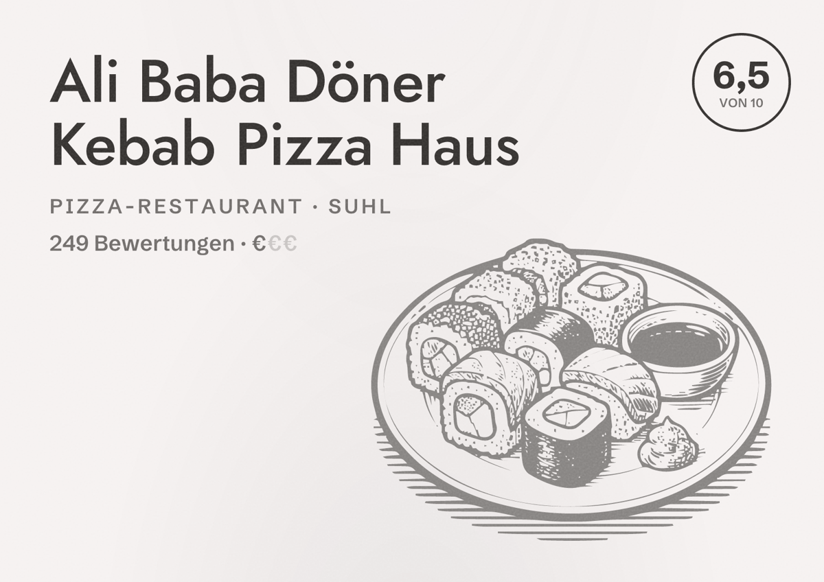 Illustriertes Poster von Ali Baba Döner Kebab Pizza Haus, Pizza-Restaurant in Suhl: Bewertung 6,5 von 10 aus 249 Bewertungen, Preisniveau €
