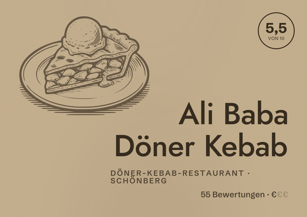 Illustriertes Poster von Ali Baba Döner Kebab, Döner-Kebab-Restaurant in Schönberg: Bewertung 5,5 von 10 aus 55 Bewertungen, Preisniveau €