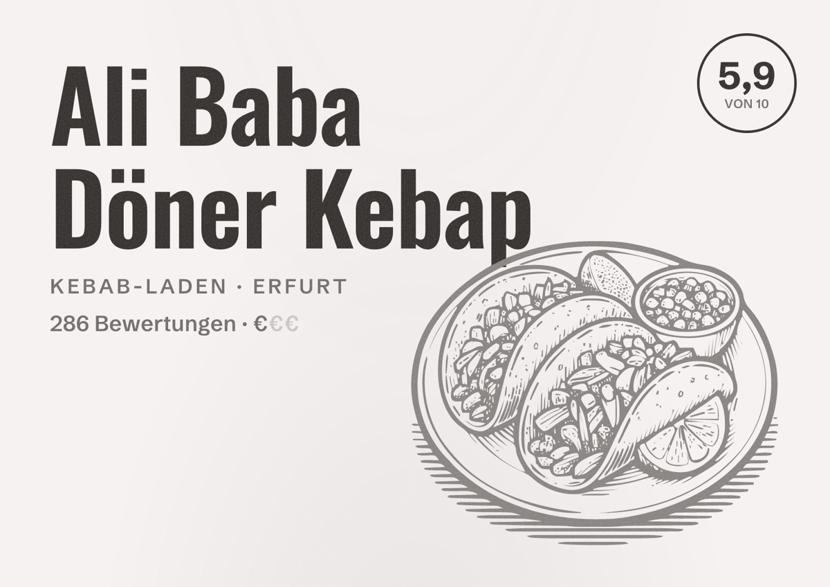 Illustriertes Poster von Ali Baba Döner Kebap, Kebab-Laden in Erfurt: Bewertung 5,9 von 10 aus 286 Bewertungen, Preisniveau €