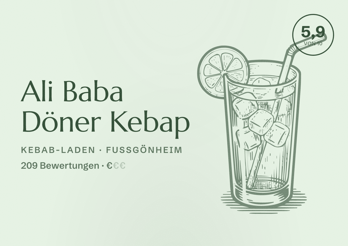 Illustriertes Poster von Ali Baba Döner Kebap, Kebab-Laden in Fußgönheim: Bewertung 5,9 von 10 aus 209 Bewertungen, Preisniveau €