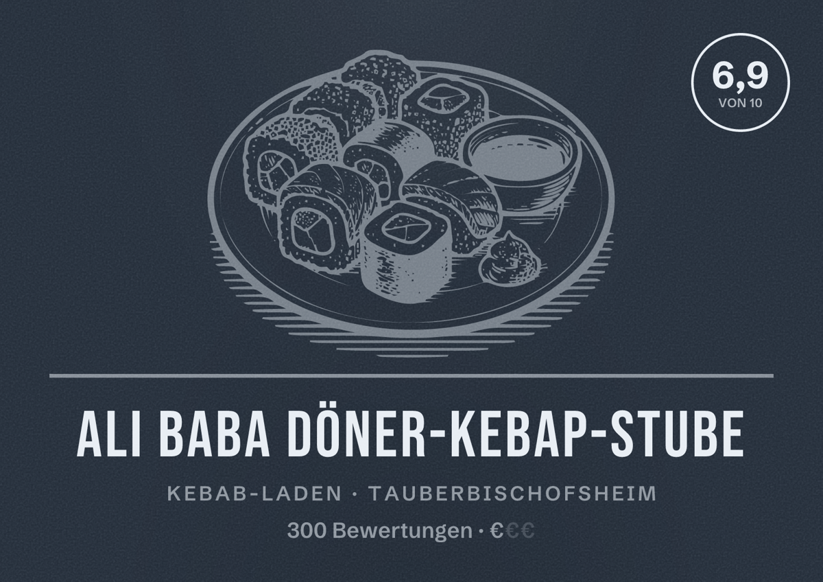 Illustriertes Poster von Ali Baba Döner-Kebap-Stube, Kebab-Laden in Tauberbischofsheim: Bewertung 6,9 von 10 aus 300 Bewertungen, Preisniveau €