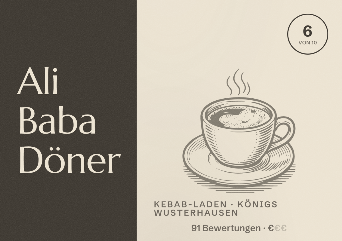 Illustriertes Poster von Ali Baba Döner, Kebab-Laden in Königs Wusterhausen: Bewertung 6 von 10 aus 91 Bewertungen, Preisniveau €