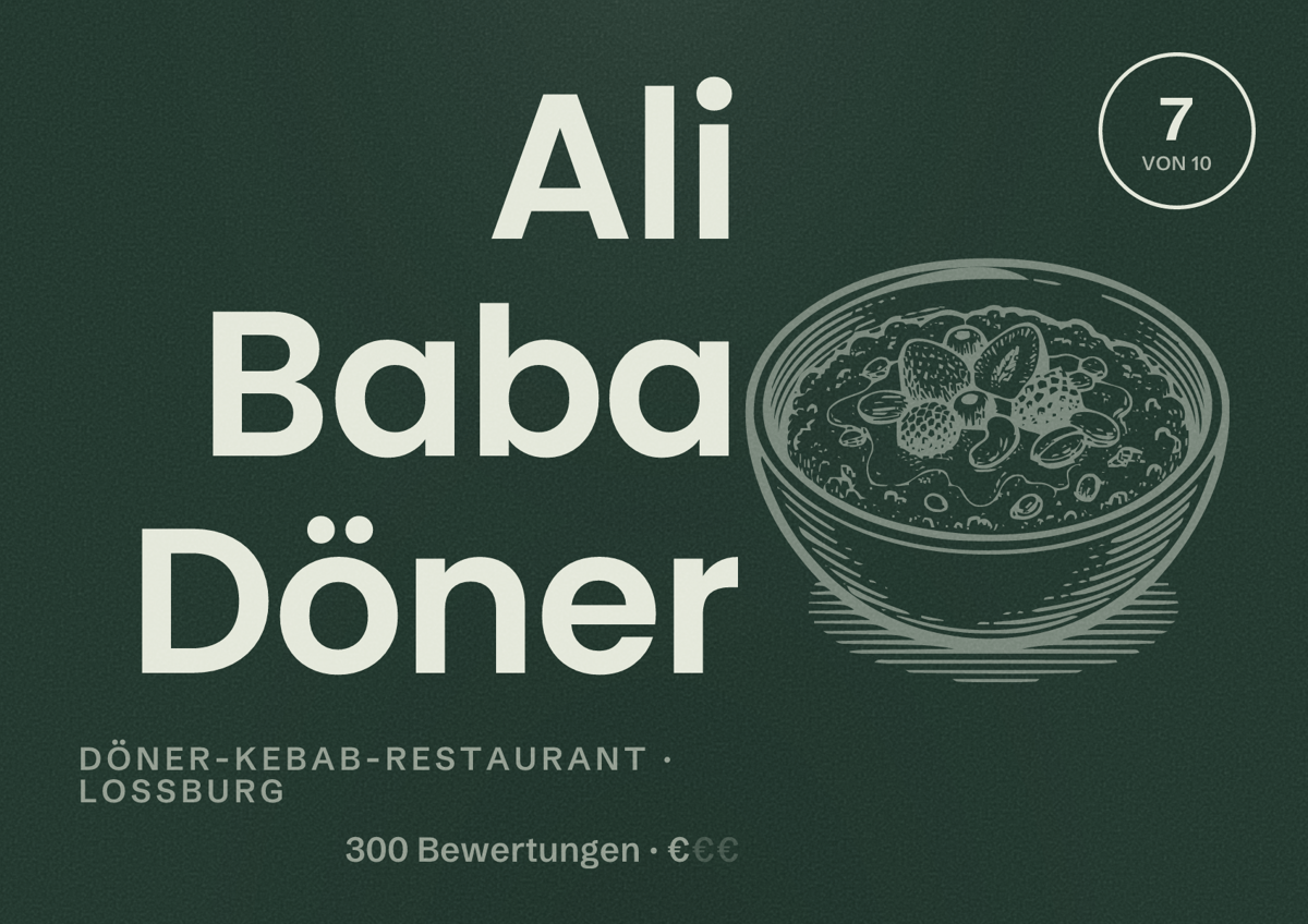 Illustriertes Poster von Ali Baba Döner, Döner-Kebab-Restaurant in Loßburg: Bewertung 7 von 10 aus 300 Bewertungen, Preisniveau €