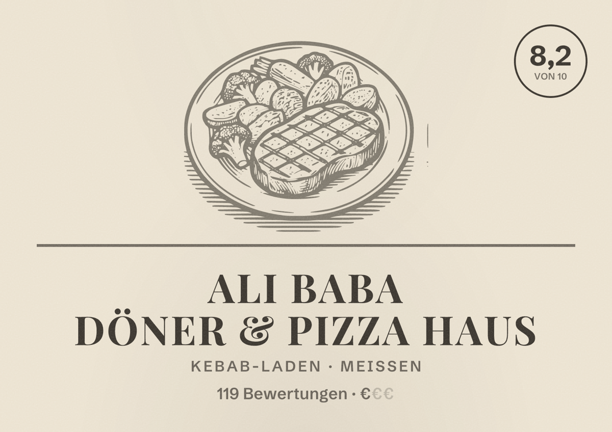 Illustriertes Poster von Ali Baba Döner & Pizza Haus, Kebab-Laden in Meißen: Bewertung 8,2 von 10 aus 119 Bewertungen, Preisniveau €