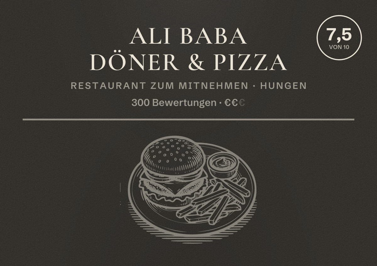 Illustriertes Poster von Ali Baba Döner & Pizza, Restaurant zum Mitnehmen in Hungen: Bewertung 7,5 von 10 aus 300 Bewertungen, Preisniveau €€