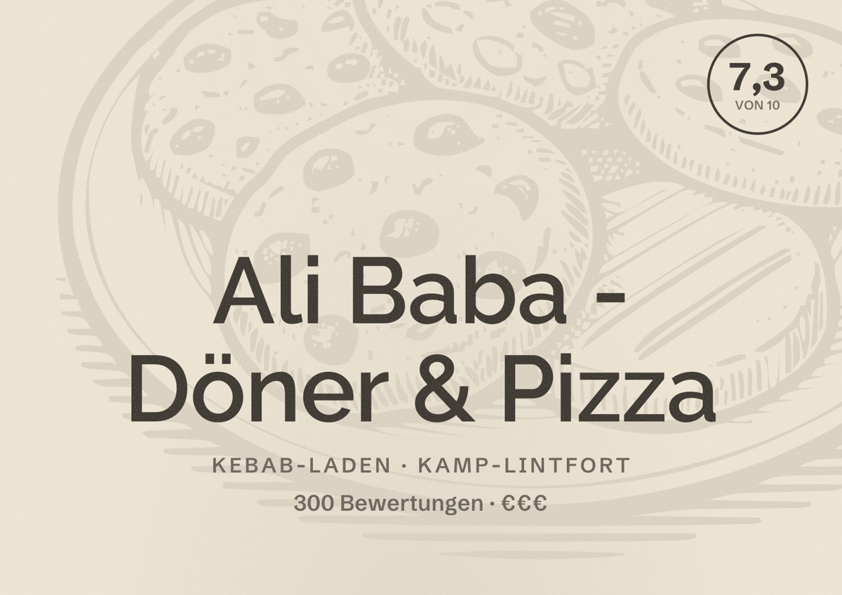 Illustriertes Poster von Ali Baba - Döner & Pizza, Kebab-Laden in Kamp-Lintfort: Bewertung 7,3 von 10 aus 300 Bewertungen, Preisniveau €€€