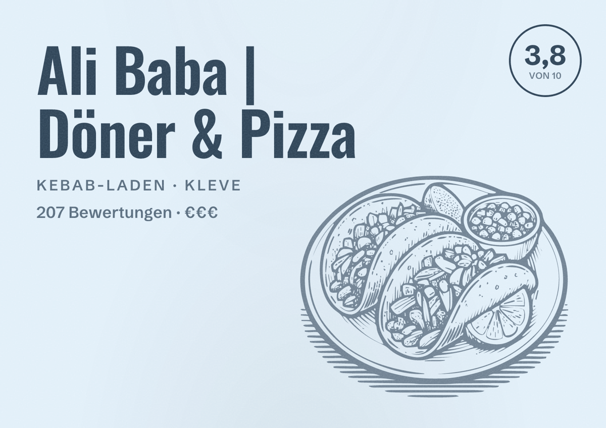 Illustriertes Poster von Ali Baba | Döner & Pizza, Kebab-Laden in Kleve: Bewertung 3,8 von 10 aus 207 Bewertungen, Preisniveau €€€