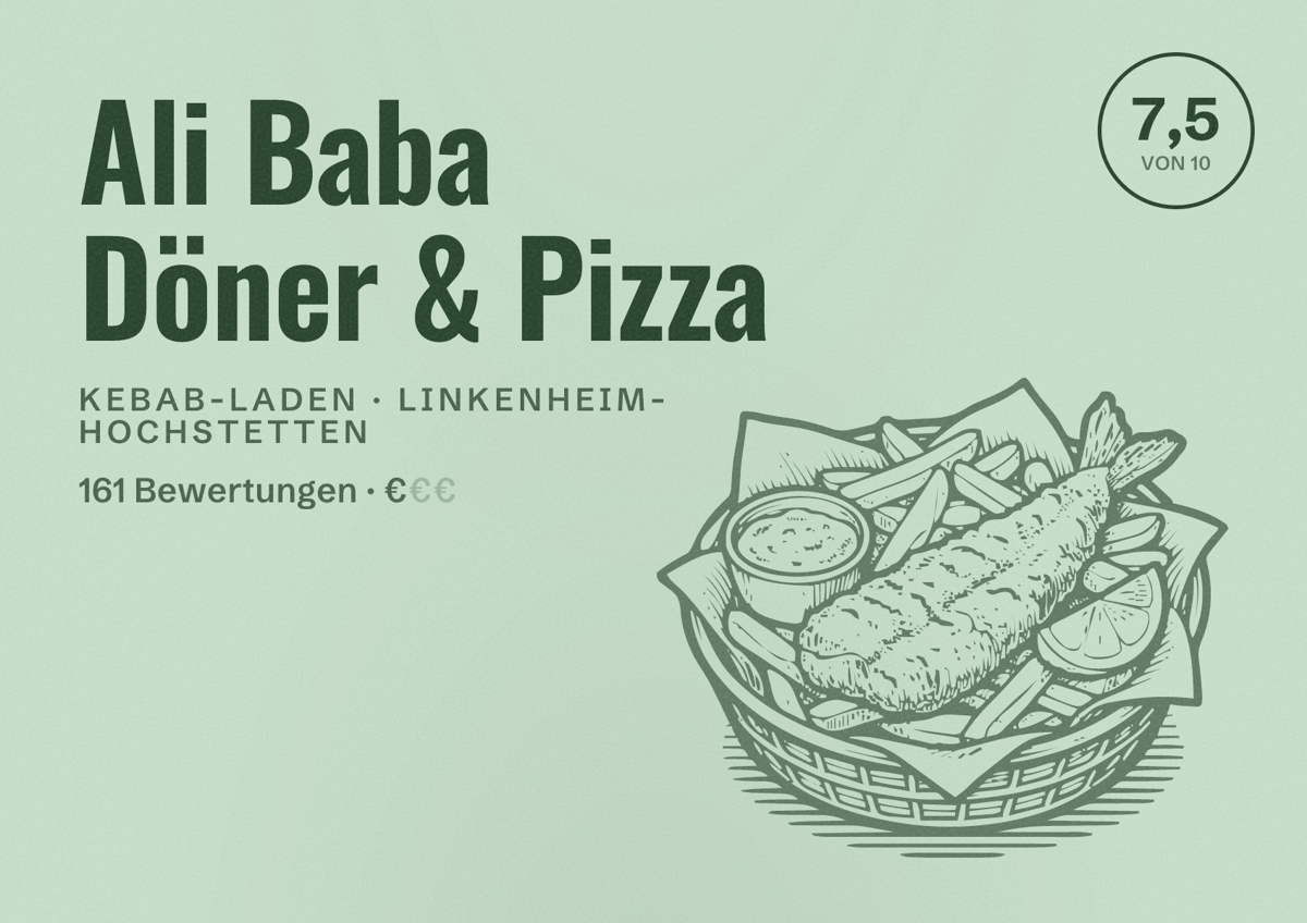 Illustriertes Poster von Ali Baba Döner & Pizza, Kebab-Laden in Linkenheim-Hochstetten: Bewertung 7,5 von 10 aus 161 Bewertungen, Preisniveau €
