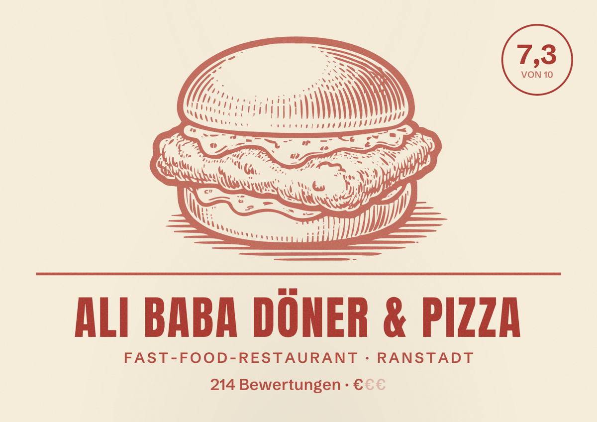 Illustriertes Poster von Ali Baba Döner & Pizza, Fast-Food-Restaurant in Ranstadt: Bewertung 7,3 von 10 aus 214 Bewertungen, Preisniveau €