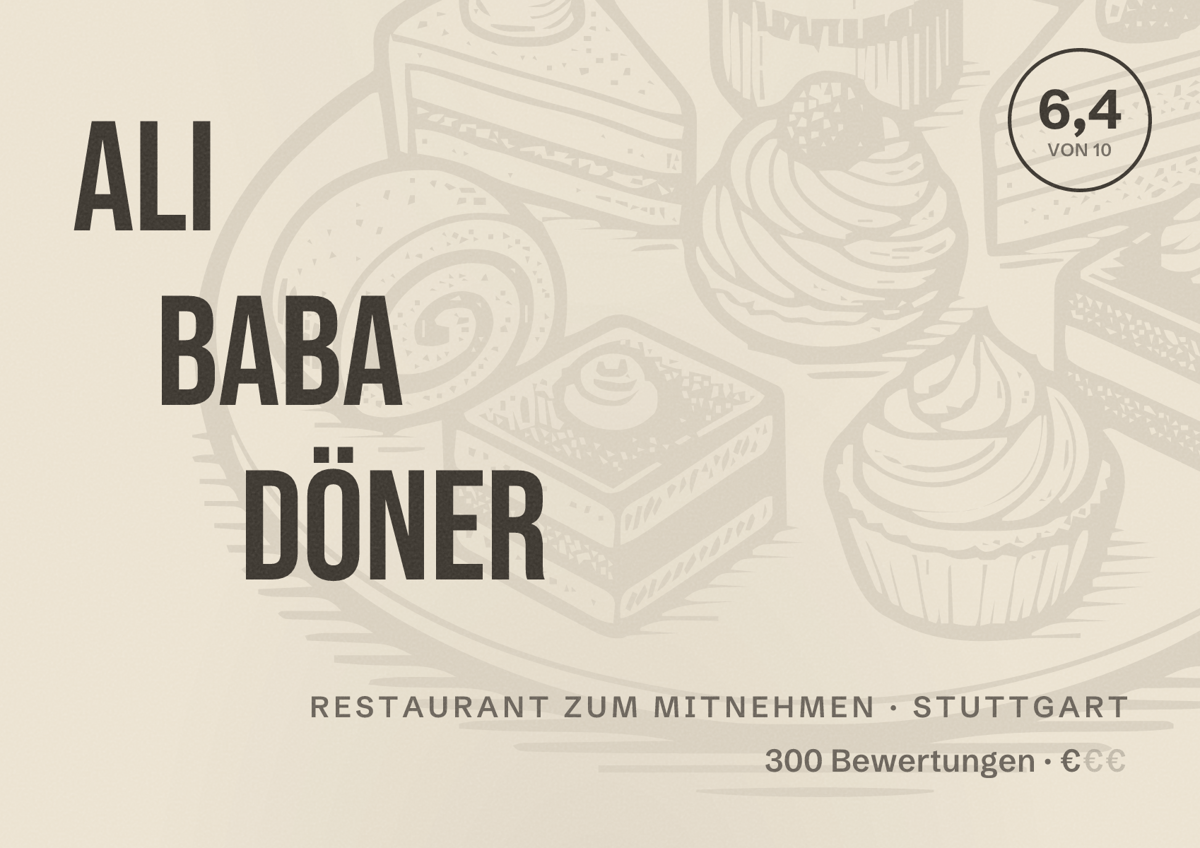 Illustriertes Poster von Ali Baba Döner, Restaurant zum Mitnehmen in Stuttgart: Bewertung 6,4 von 10 aus 300 Bewertungen, Preisniveau €