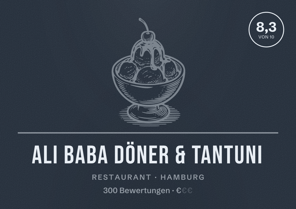 Illustriertes Poster von Ali Baba Döner & Tantuni, Restaurant in Hamburg: Bewertung 8,3 von 10 aus 300 Bewertungen, Preisniveau €