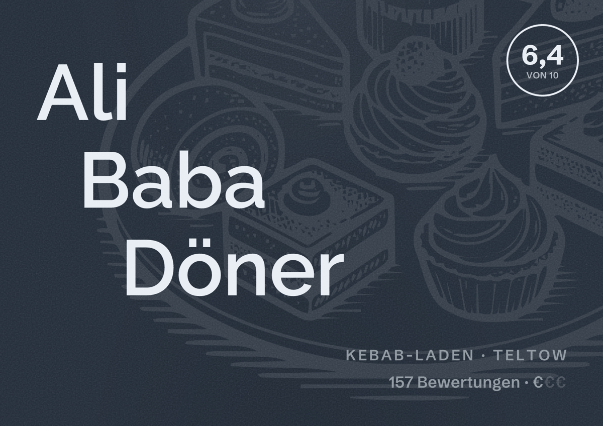 Illustriertes Poster von Ali Baba Döner, Kebab-Laden in Teltow: Bewertung 6,4 von 10 aus 157 Bewertungen, Preisniveau €