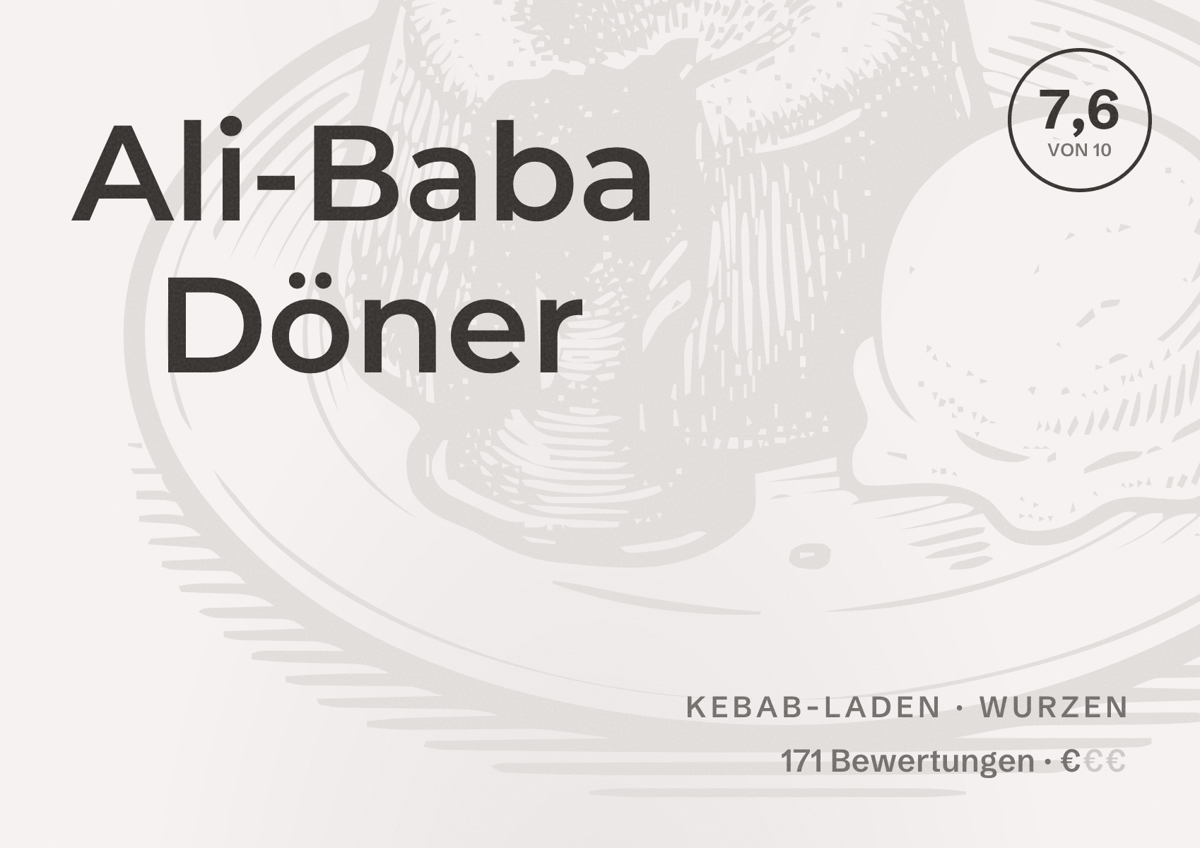 Illustriertes Poster von Ali-Baba Döner, Kebab-Laden in Wurzen: Bewertung 7,6 von 10 aus 171 Bewertungen, Preisniveau €
