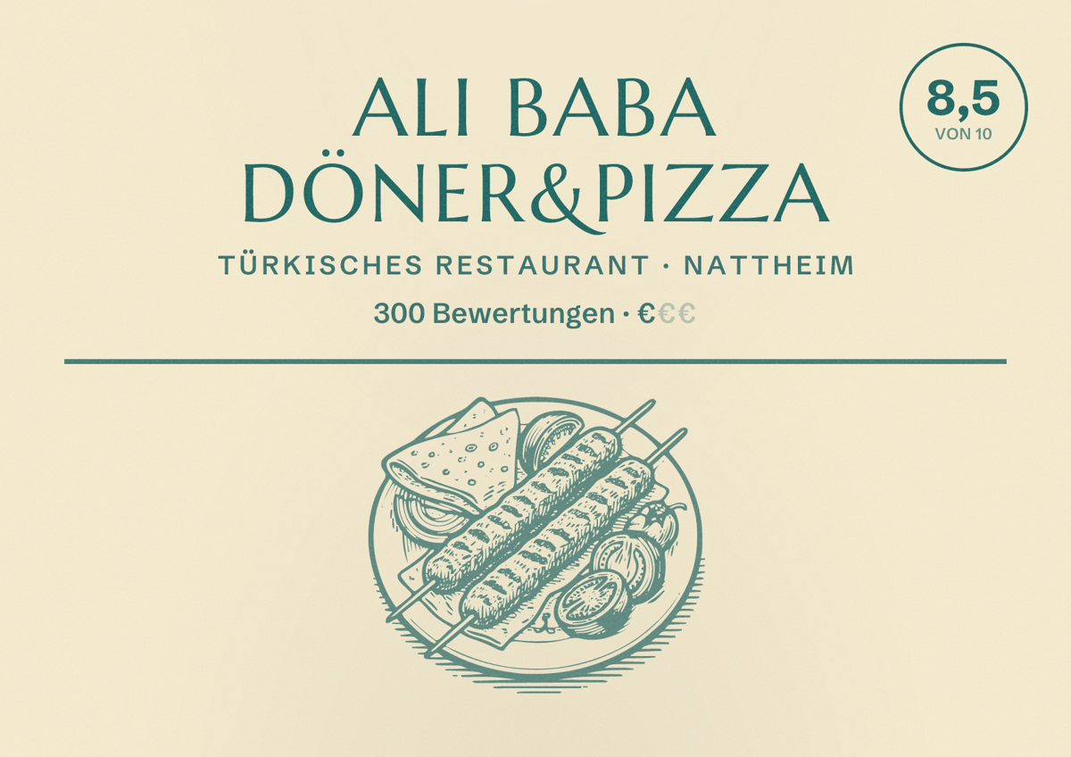 Illustriertes Poster von Ali Baba Döner&Pizza, Türkisches Restaurant in Nattheim: Bewertung 8,5 von 10 aus 300 Bewertungen, Preisniveau €