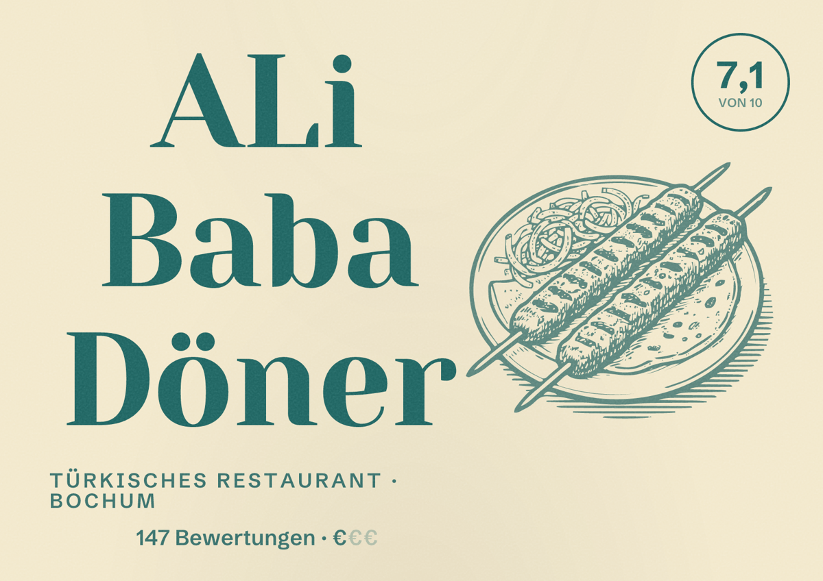 Illustriertes Poster von ALi Baba Döner, Türkisches Restaurant in Bochum: Bewertung 7,1 von 10 aus 147 Bewertungen, Preisniveau €