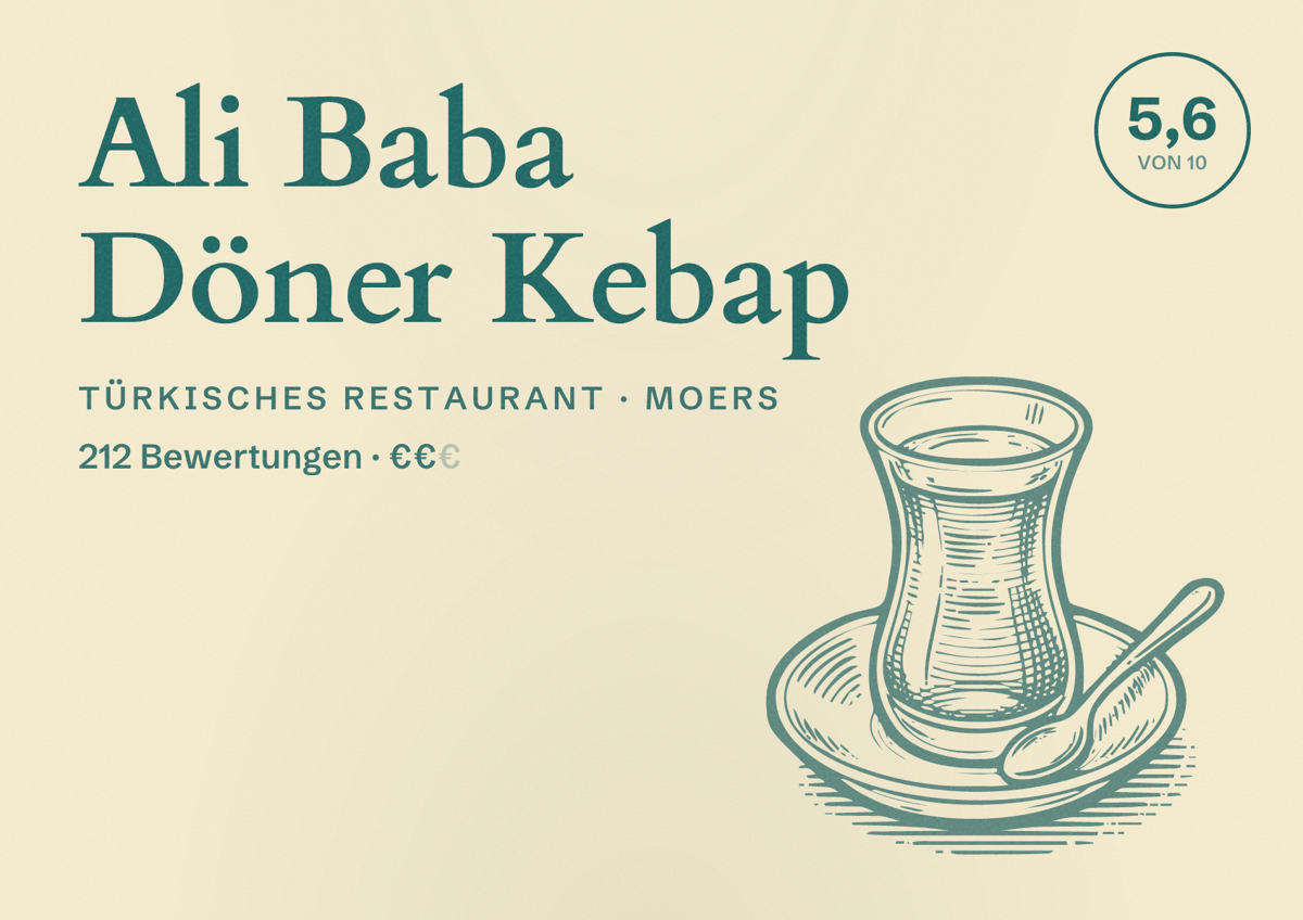 Illustriertes Poster von Ali Baba Döner Kebap, Türkisches Restaurant in Moers: Bewertung 5,6 von 10 aus 212 Bewertungen, Preisniveau €€