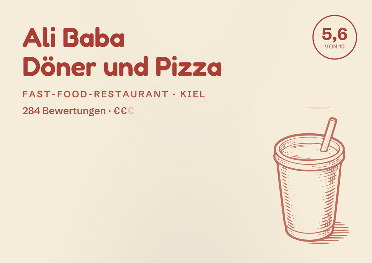 Illustriertes Poster von Ali Baba Döner und Pizza, Fast-Food-Restaurant in Kiel: Bewertung 5,6 von 10 aus 284 Bewertungen, Preisniveau €€
