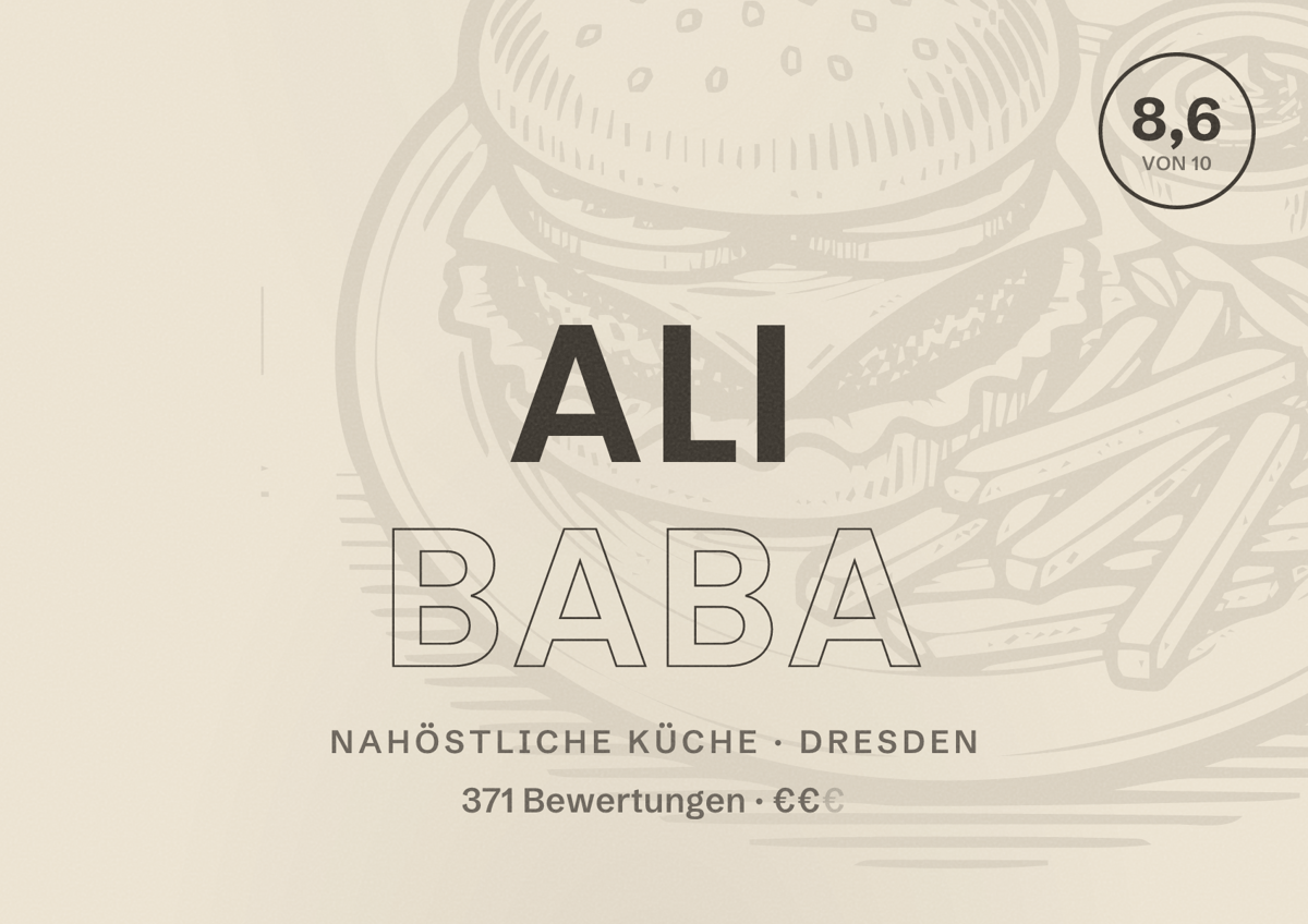 Illustriertes Poster von Ali Baba, Nahöstliche Küche in Dresden: Bewertung 8,6 von 10 aus 371 Bewertungen, Preisniveau €€