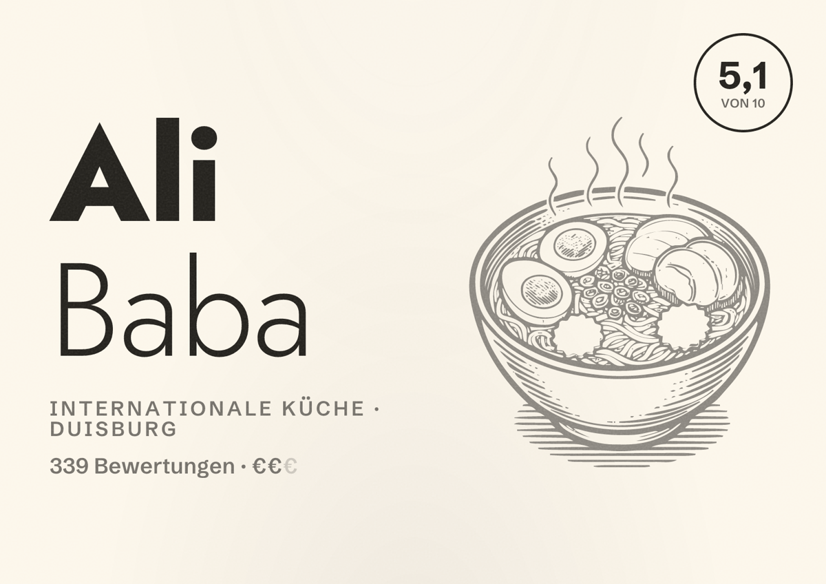 Illustriertes Poster von Ali Baba, Internationale Küche in Duisburg: Bewertung 5,1 von 10 aus 339 Bewertungen, Preisniveau €€