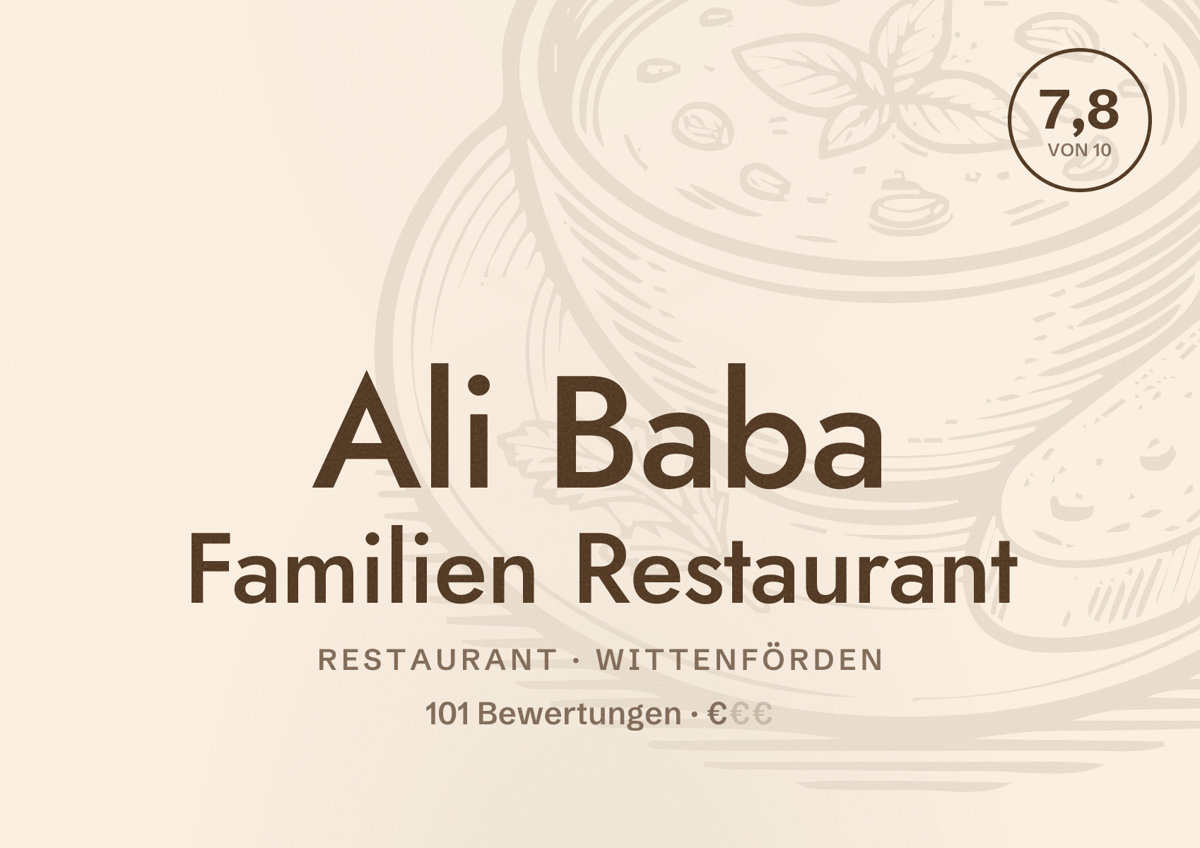 Illustriertes Poster von Ali Baba Familien Restaurant, Restaurant in Wittenförden: Bewertung 7,8 von 10 aus 101 Bewertungen, Preisniveau €