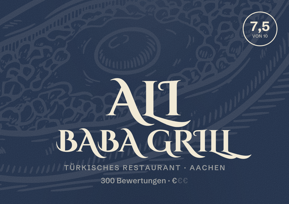 Illustriertes Poster von ALI BABA GRILL, Türkisches Restaurant in Aachen: Bewertung 7,5 von 10 aus 300 Bewertungen, Preisniveau €