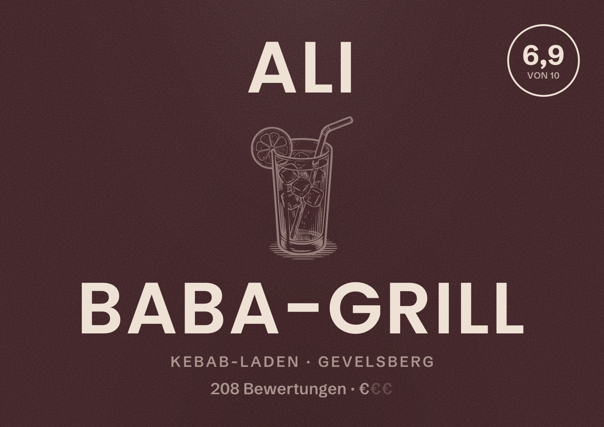Illustriertes Poster von Ali Baba-Grill, Kebab-Laden in Gevelsberg: Bewertung 6,9 von 10 aus 208 Bewertungen, Preisniveau €
