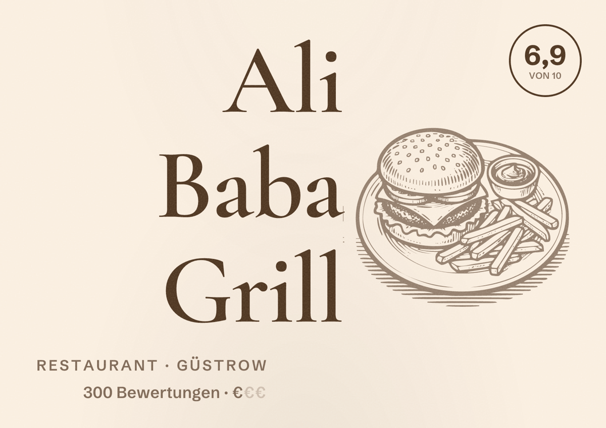 Illustriertes Poster von Ali Baba Grill, Restaurant in Güstrow: Bewertung 6,9 von 10 aus 300 Bewertungen, Preisniveau €