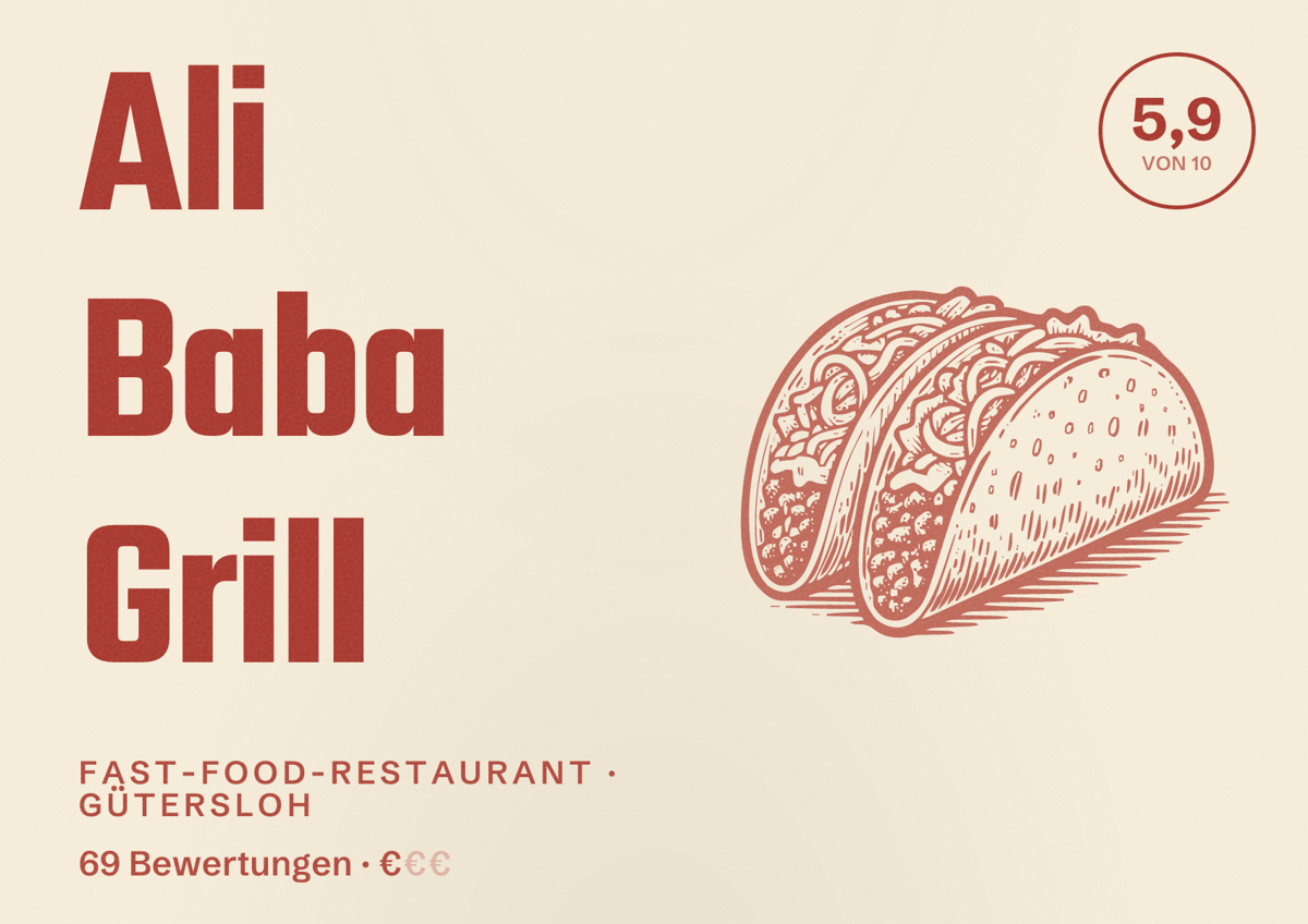 Illustriertes Poster von Ali Baba Grill, Fast-Food-Restaurant in Gütersloh: Gästebewertung 5,9 von 10 aus 69 Bewertungen