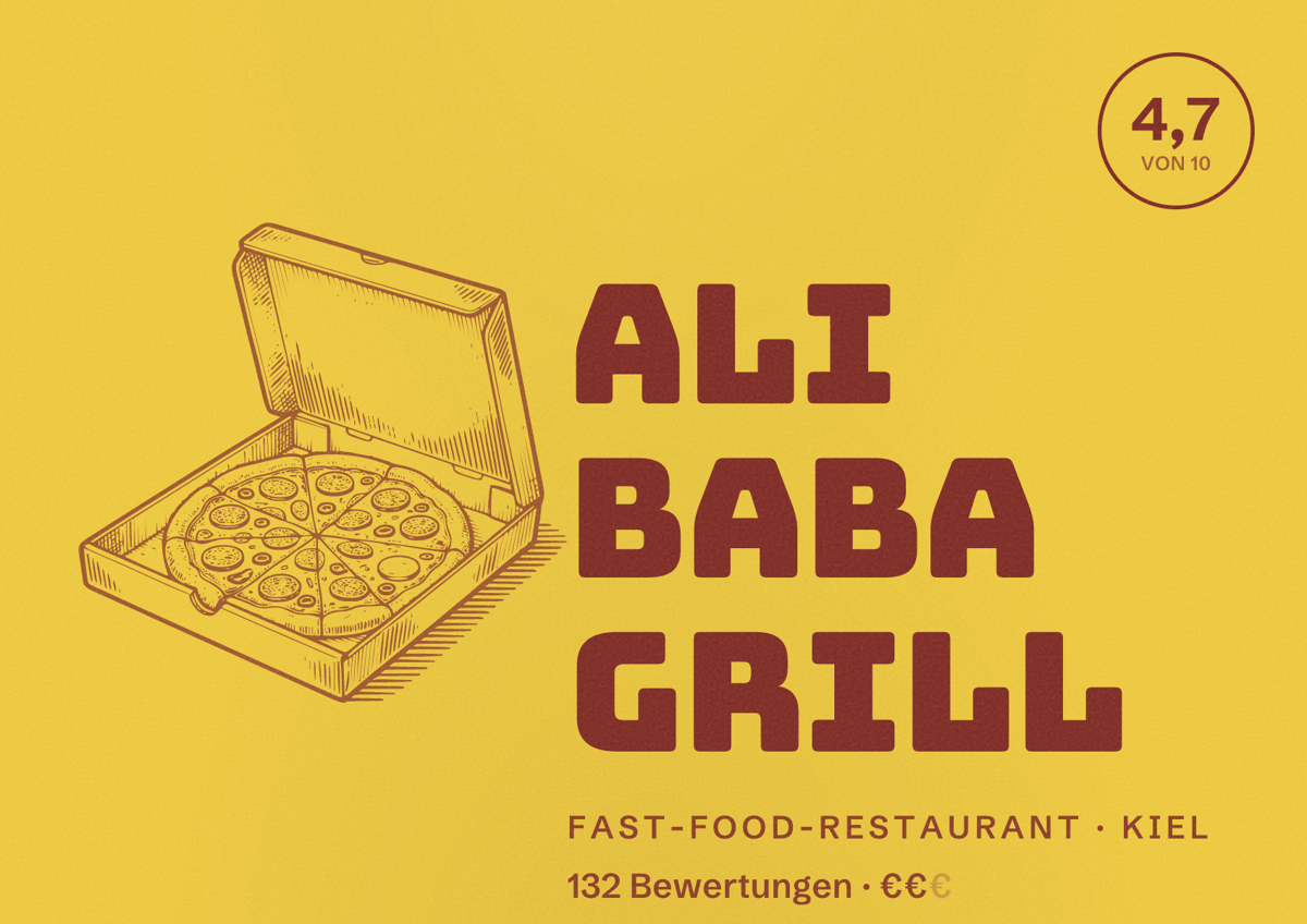 Illustriertes Poster von Ali Baba Grill, Fast-Food-Restaurant in Kiel: Bewertung 4,7 von 10 aus 132 Bewertungen, Preisniveau €€