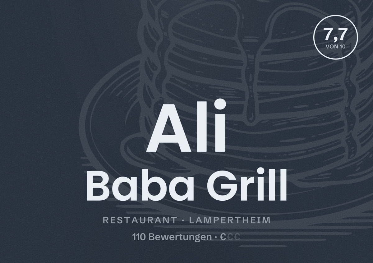 Illustriertes Poster von Ali Baba Grill, Restaurant in Lampertheim: Bewertung 7,7 von 10 aus 110 Bewertungen, Preisniveau €