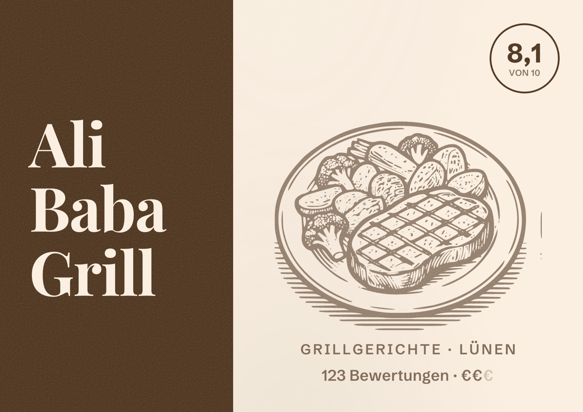 Illustriertes Poster von Ali Baba Grill, Grillgerichte in Lünen: Bewertung 8,1 von 10 aus 123 Bewertungen, Preisniveau €€