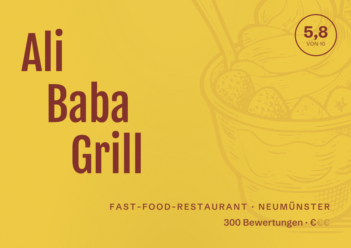 Illustriertes Poster von Ali Baba Grill, Fast-Food-Restaurant in Neumünster: Bewertung 5,8 von 10 aus 300 Bewertungen, Preisniveau €