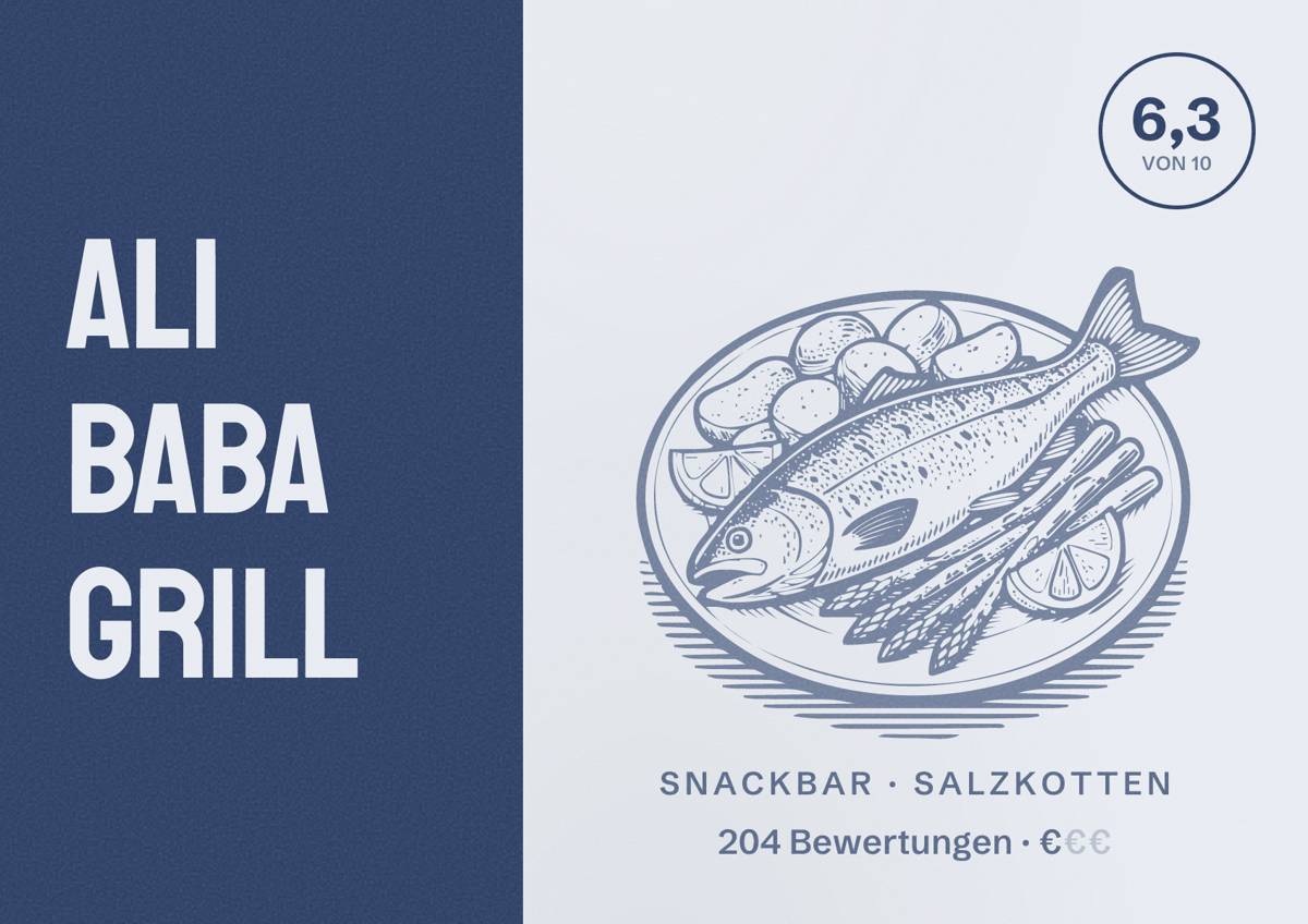 Illustriertes Poster von Ali Baba Grill, Snackbar in Salzkotten: Bewertung 6,3 von 10 aus 204 Bewertungen, Preisniveau €