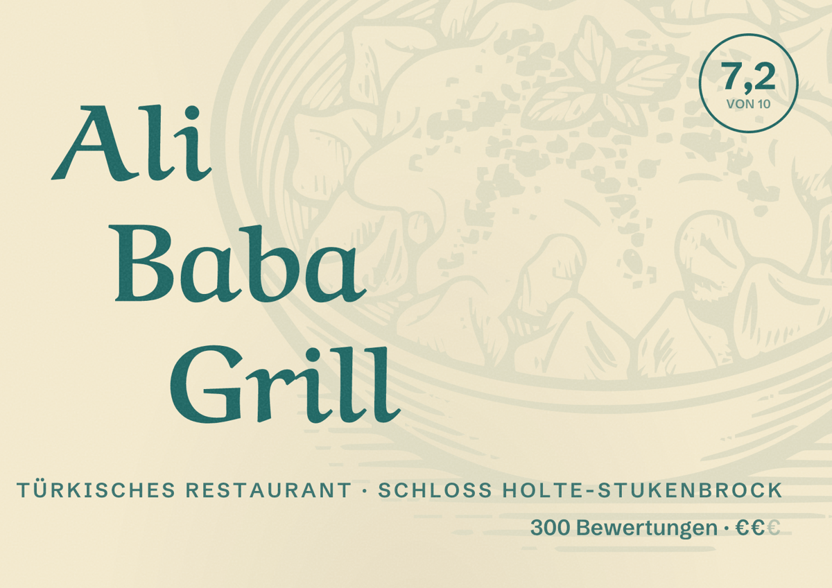 Illustriertes Poster von Ali Baba Grill, Türkisches Restaurant in Schloß Holte-Stukenbrock: Bewertung 7,2 von 10 aus 300 Bewertungen, Preisniveau €€