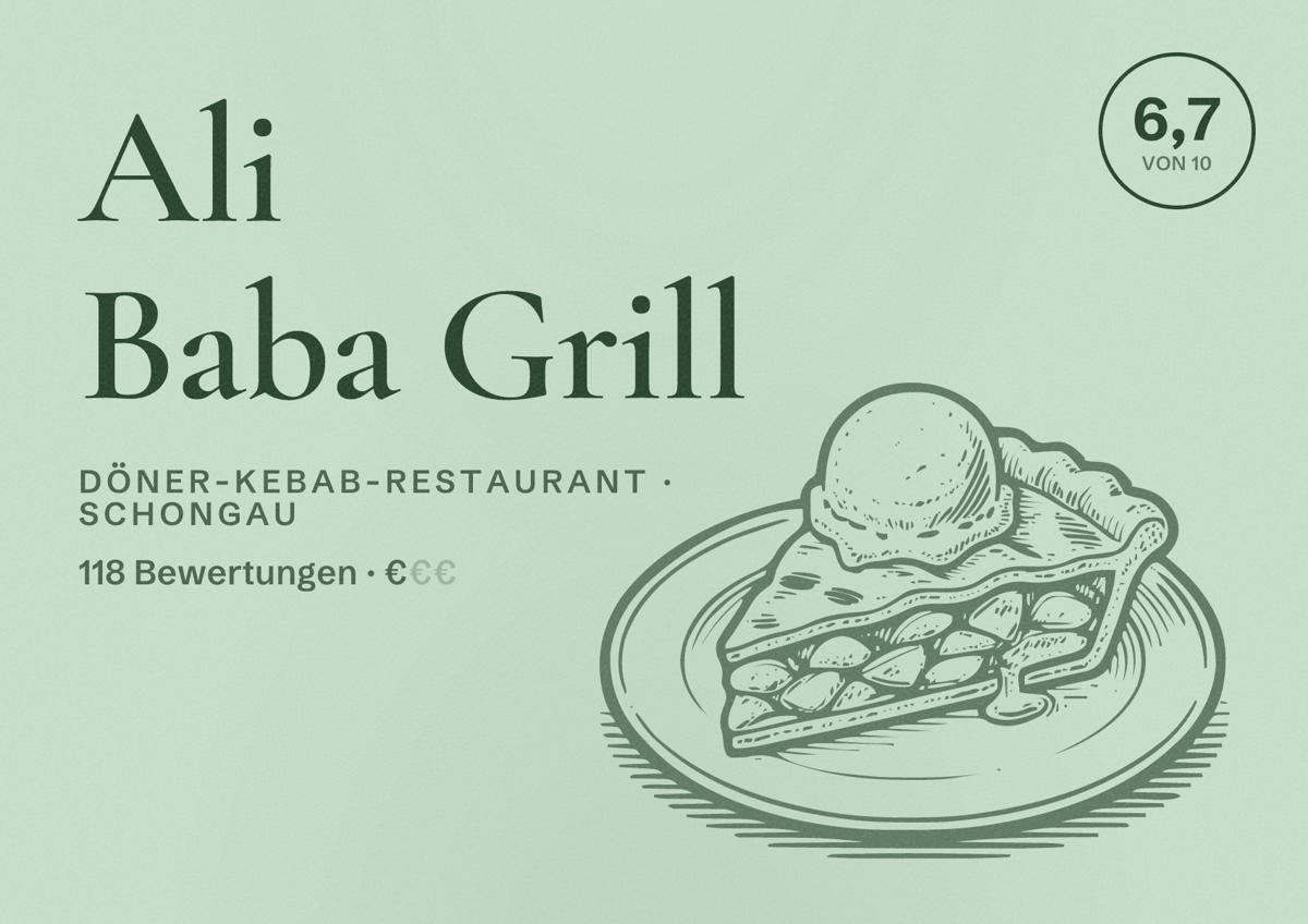Illustriertes Poster von Ali Baba Grill, Döner-Kebab-Restaurant in Schongau: Bewertung 6,7 von 10 aus 118 Bewertungen, Preisniveau €