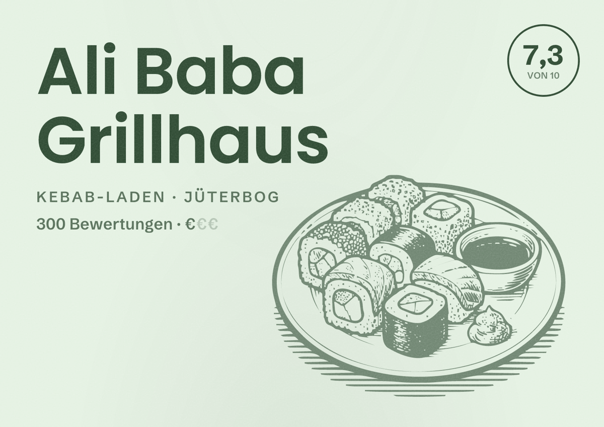 Illustriertes Poster von Ali Baba Grillhaus, Kebab-Laden in Jüterbog: Bewertung 7,3 von 10 aus 300 Bewertungen, Preisniveau €