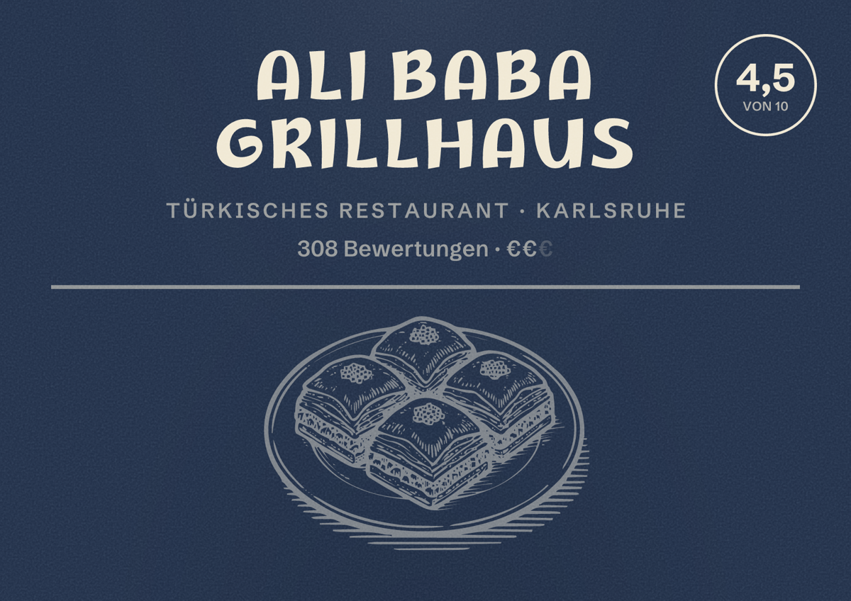 Illustriertes Poster von Ali Baba Grillhaus, Türkisches Restaurant in Karlsruhe: Bewertung 4,5 von 10 aus 308 Bewertungen, Preisniveau €€