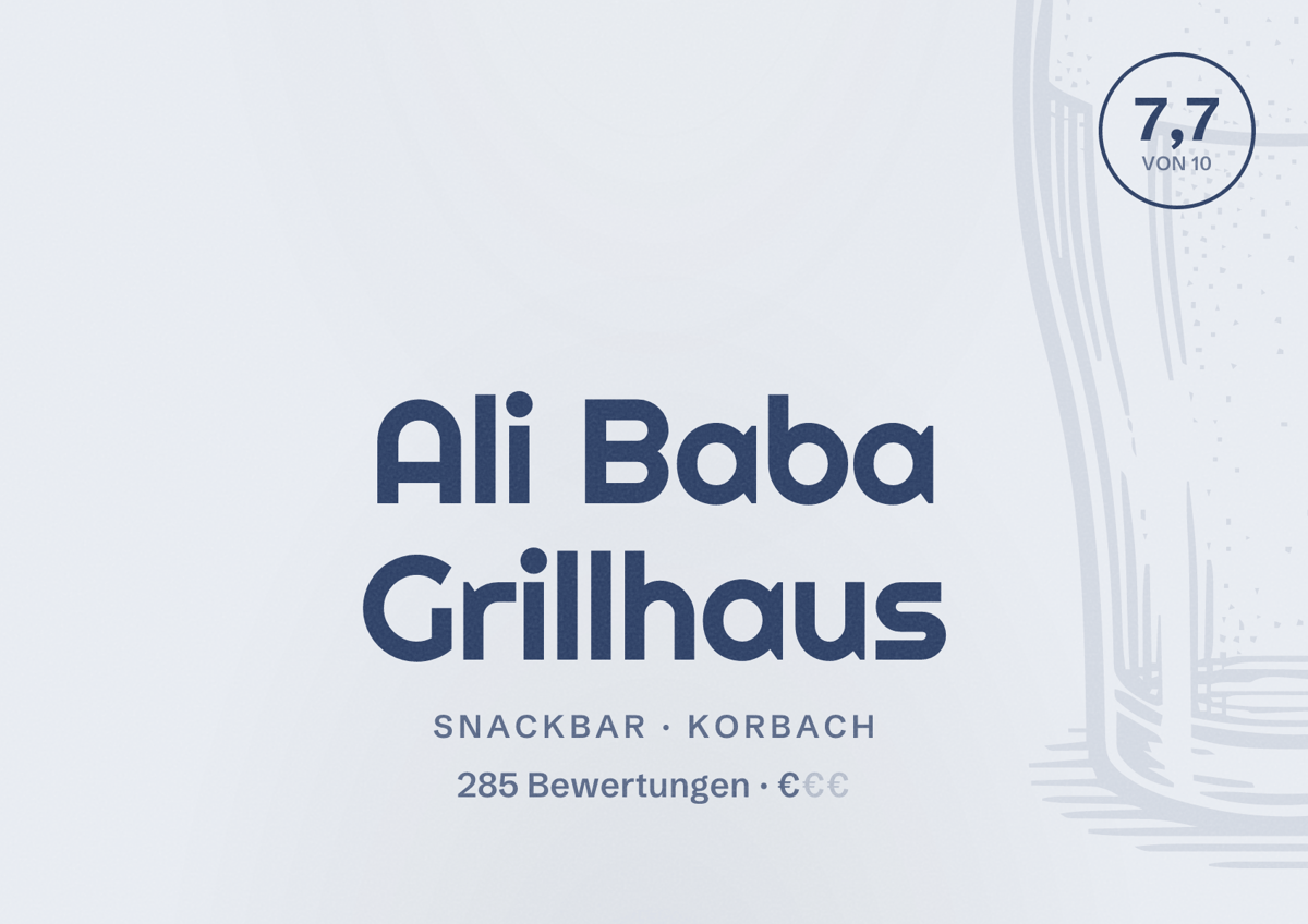 Illustriertes Poster von Ali Baba Grillhaus, Snackbar in Korbach: Bewertung 7,7 von 10 aus 285 Bewertungen, Preisniveau €