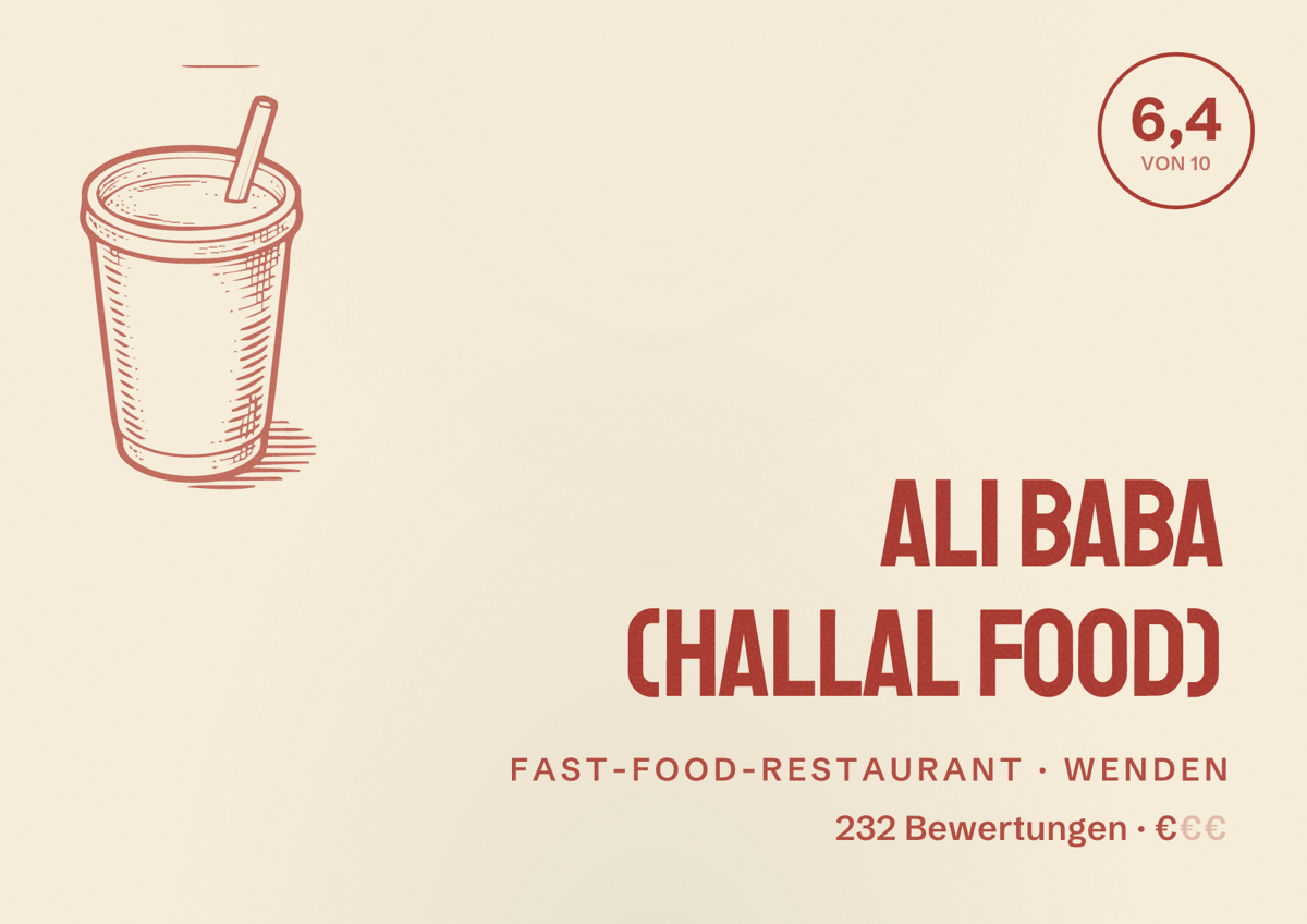 Illustriertes Poster von Ali Baba (Hallal Food), Fast-Food-Restaurant in Wenden: Bewertung 6,4 von 10 aus 232 Bewertungen, Preisniveau €