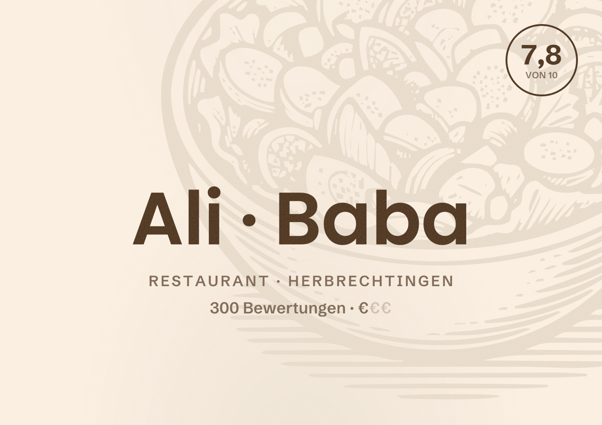 Illustriertes Poster von Ali Baba, Restaurant in Herbrechtingen: Bewertung 7,8 von 10 aus 300 Bewertungen, Preisniveau €