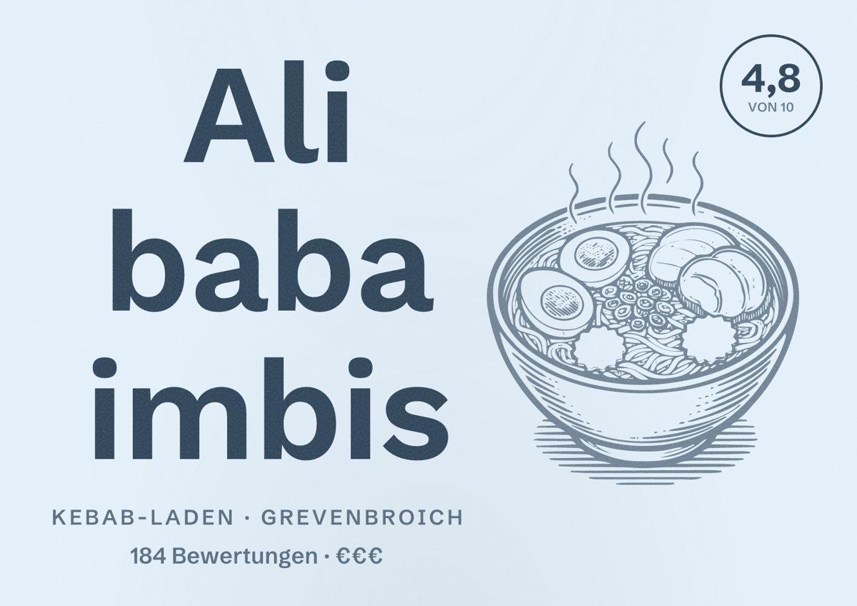 Illustriertes Poster von Ali baba imbis, Kebab-Laden in Grevenbroich: Bewertung 4,8 von 10 aus 184 Bewertungen, Preisniveau €€€