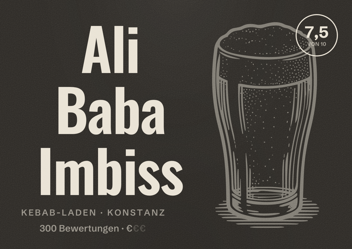 Illustriertes Poster von Ali Baba Imbiss, Kebab-Laden in Konstanz: Bewertung 7,5 von 10 aus 300 Bewertungen, Preisniveau €